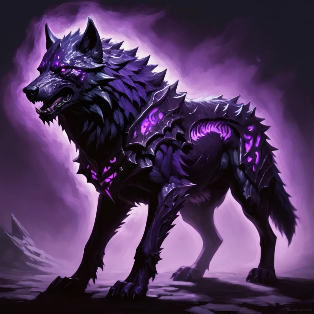 Prompt: a shadowy dire wolf made from dark and daedric magic barded in glowing purple armor, in Oil Paint art style
