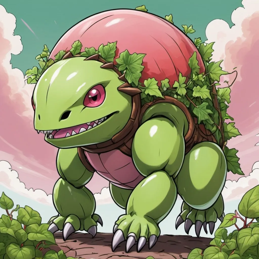 Prompt: A digimon that has a tough outer shell and in good weather it sticks its face out of its shell and vegetates and it hangs onto high places with ivy growing from its head, colors are primarily light-green and red-brown with dark brown and light-pink, background windy sky in sketch note art style
