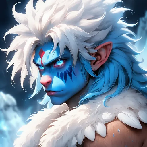 Prompt: Uakari with a vivid blue face and light blue fur staring intently with glowing white eyes, Neptune, background mist and shadow all in shades of blue, masterpiece, best quality
