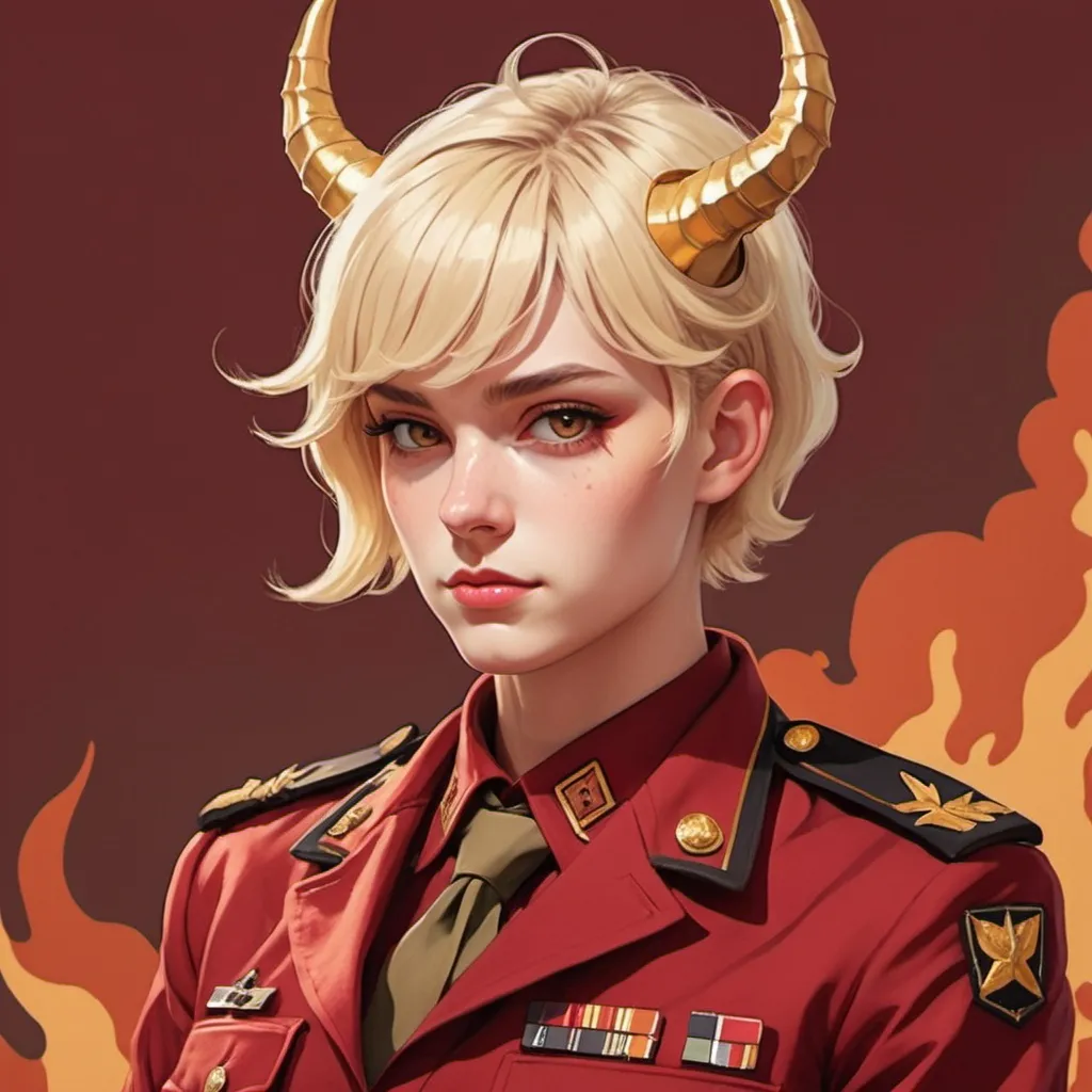 Prompt: Satan with a short Blonde recruit-style hair  with golden horns and skin looking very army-like in a red and maroon camouflage uniform, in toasty art style
