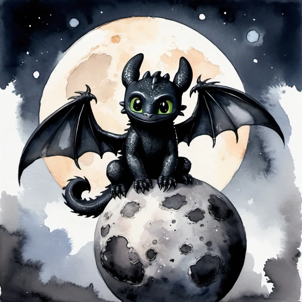 Prompt: toothless sitting on the moon, watercolor painting art style