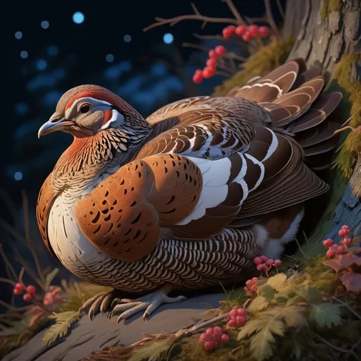 Prompt: Grouse curled up sleeping, in aesthetic art style, masterpiece, best quality, background night
