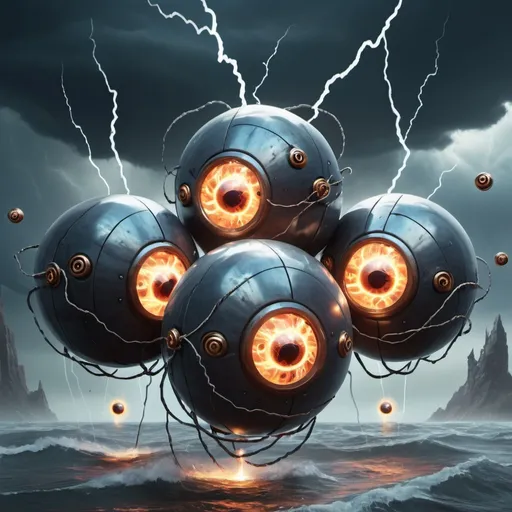 Prompt: Three floating orbs attached each with a eye screws and magnets attached thunder waves around them and a destructive energy building as they prepare to selfdestruct, in card art style
