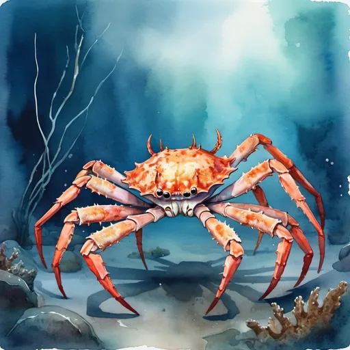 Prompt: Spider Crab in the depths, in watercolor painting art style