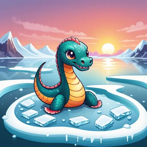 Prompt: Tiny little kawaii sea serpent sitting on a patch of ice as the sunsets its tail hitting the ice, in card art style
