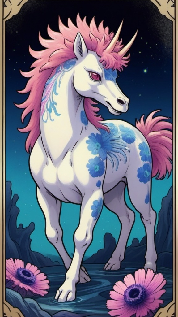 Prompt: Glowing Kirin with Anemone frills in anime tarot card art style
