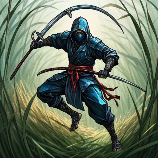 Prompt: Leaps out of tall grass and slices prey with its scythes. The movement looks like that of a ninja in rp fantasy game stained glass art style