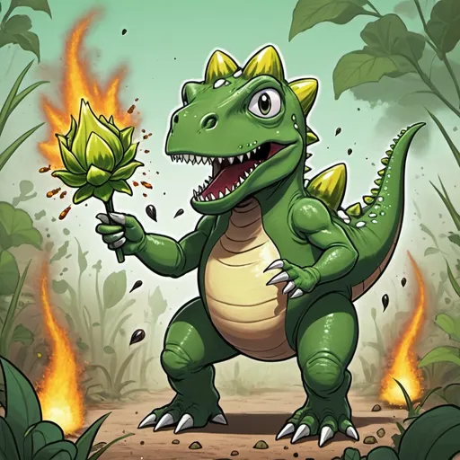 Prompt: frogo-dino-thing with a green flower bulb on back shooting out leech seeds that grasp and grow into vine explosions, in card art style
