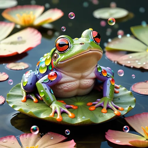 Prompt: frog covered in colorful bubbles, chilling on a Lilypad with water bubbles floating around, Masterpiece, Best Quality