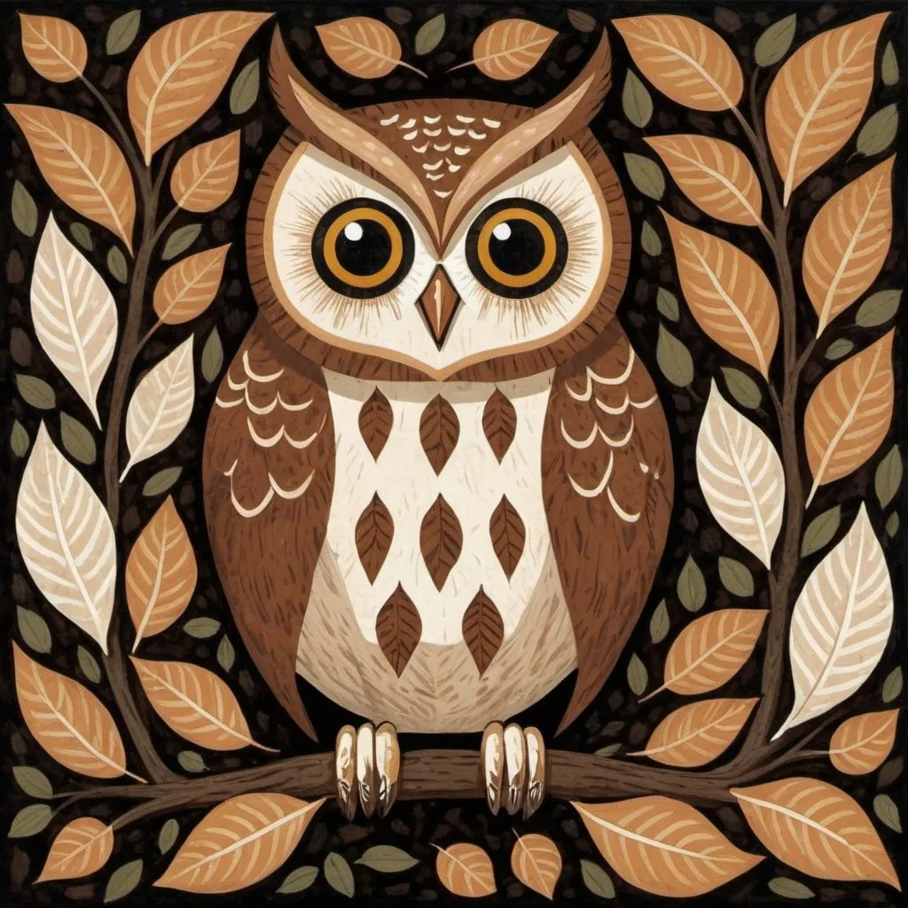 Prompt: brown and white owl with leaves in Mark Briscoe art style
