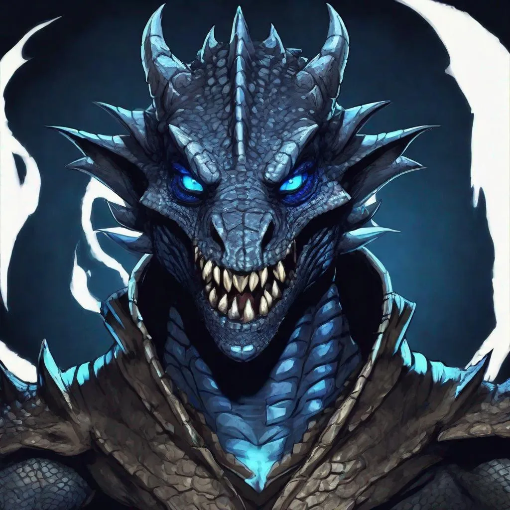 Prompt: Argonian male with scales as black as the endless void, vivid glowing blue eyes, a unholy fanged grin, darkness and evil, nightmare, best quality, masterpiece, in cartoon art style
