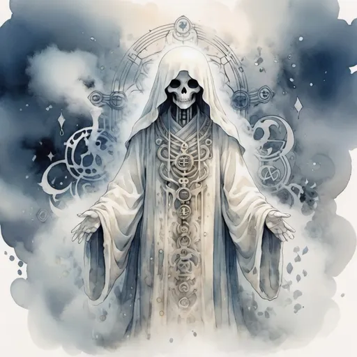 Prompt: Ivory Ghost that is meticulously covered with spiritualistic symbols surrounded by mist and fog in watercolor anime art style