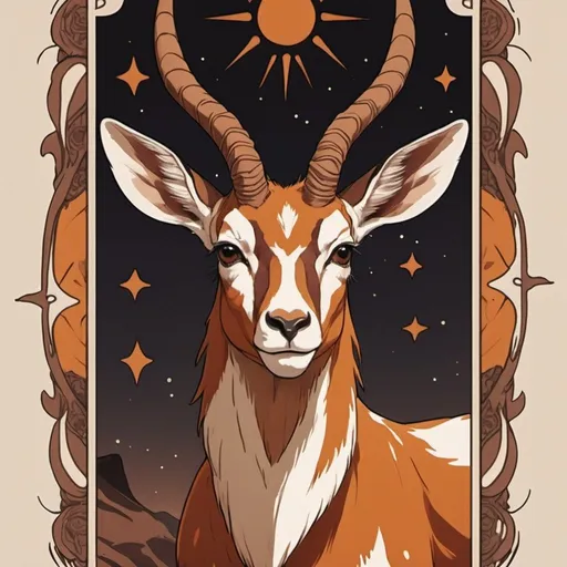 Prompt: tarot card Anime illustration, Antelope with brown-orange brown and white palette