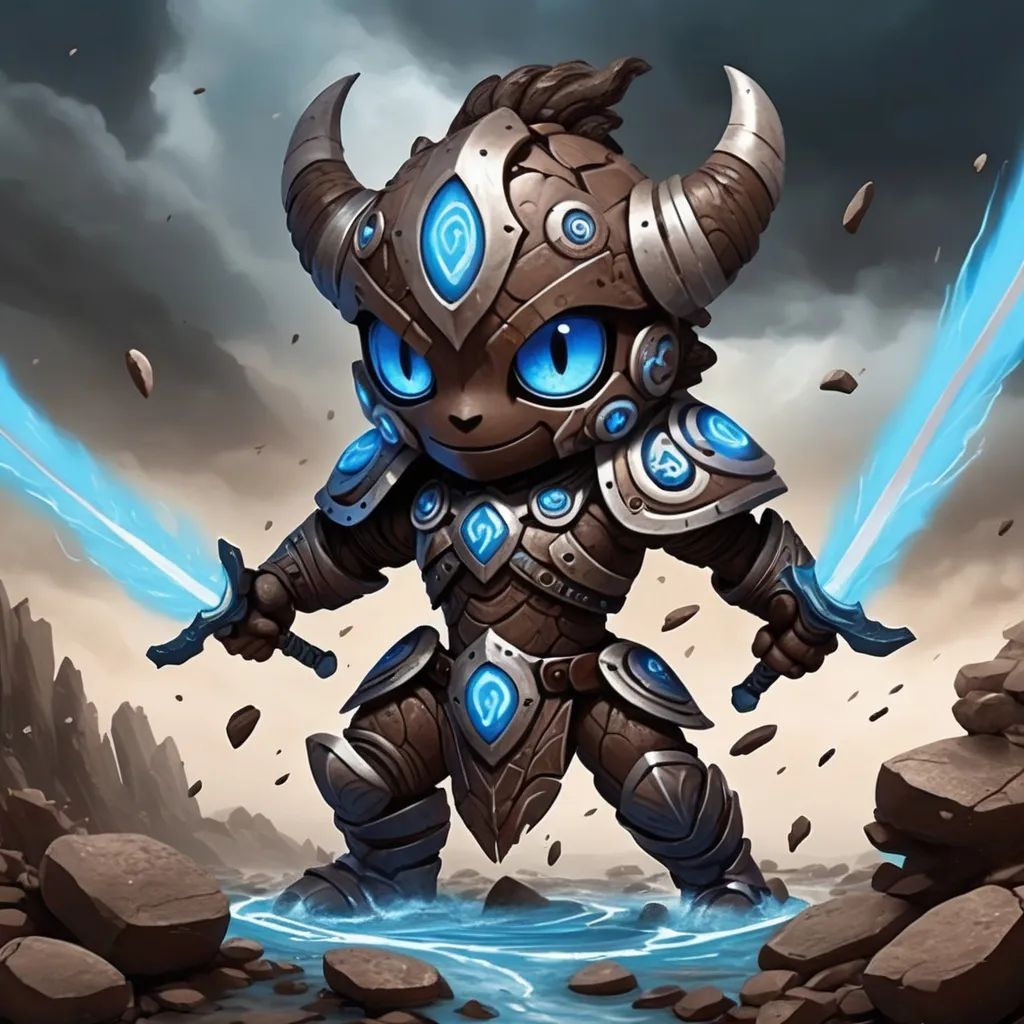 Prompt: A Atronach made of dark brown and gray floating rocks with tan swirl markings and ruins glowing blue eyes and swords wind and twisters swirling around them, in cute art style, background arid stormy planes
