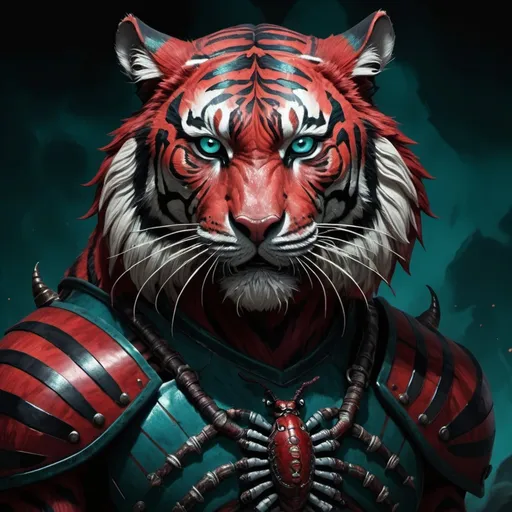 Prompt: A Tiger with dark crimson fur and ebony black stripes with ebony insect-like armor and demonic dark teal and red wings and horns background the underworld
, in realism art style