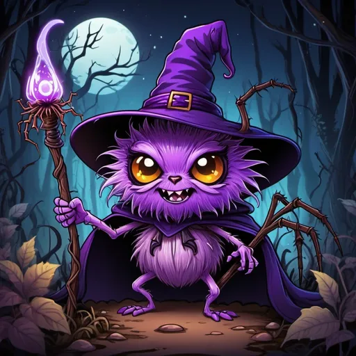 Prompt: Cute spider with glowing violet fluffy fur and dark purple witch hat and cape holding a glowing violet and brown wand with spider legs glowing with white-violet energy and glowing eyes and jagged fanged glowing mouth in the dark swamp with vines in coloring book art style