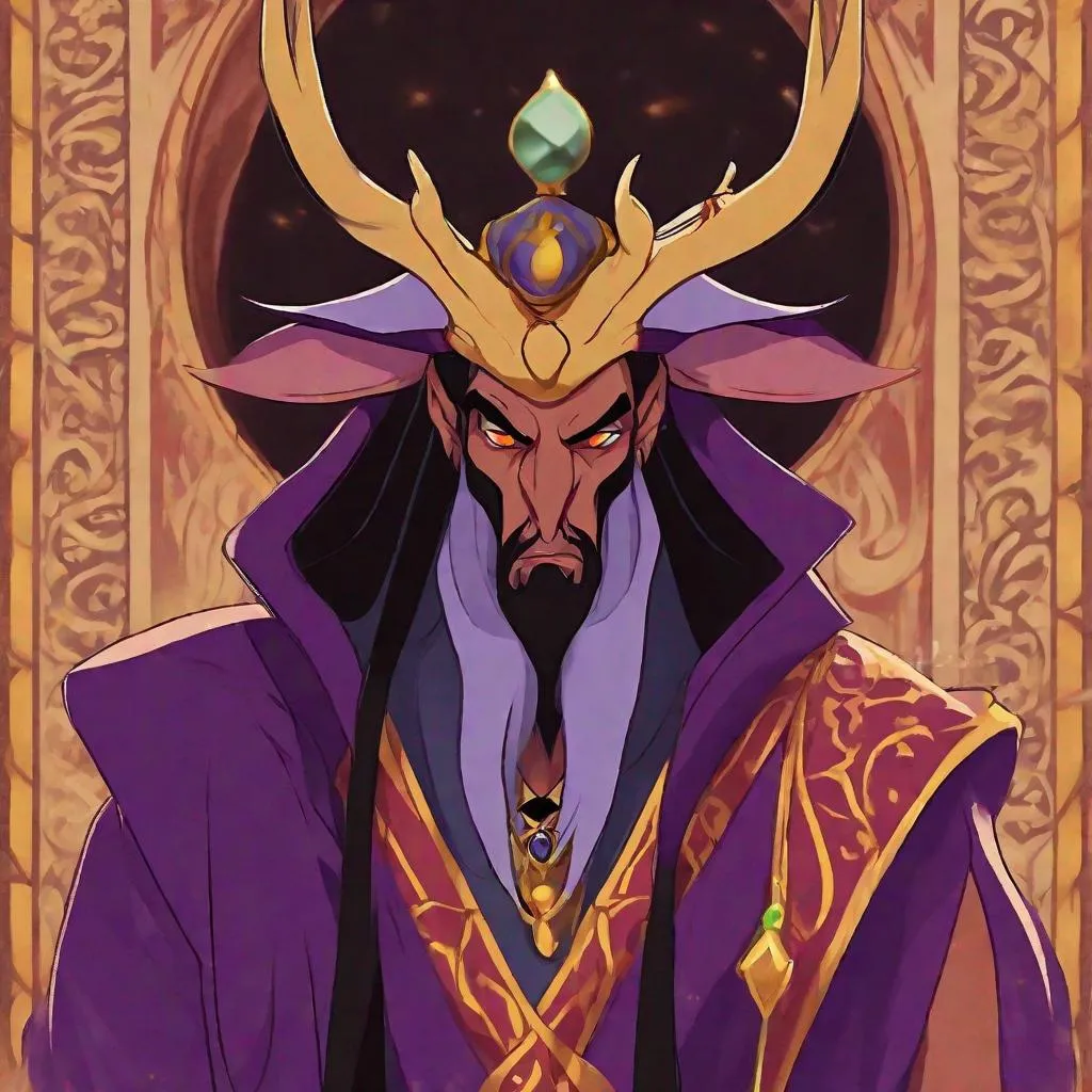 Prompt: Jafar Jackalope, evil sinister sorcerer, in agrabah, disney, masterpiece, best quality, in anime portrait art style
