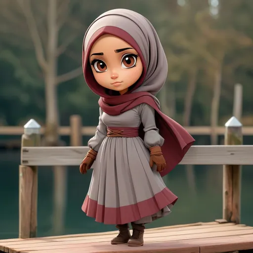 Prompt: Abradih is a breton who wears a simple gray and maroon dress with brown gloves and a brown hijab standing on a wooden dock, in chibi art style
