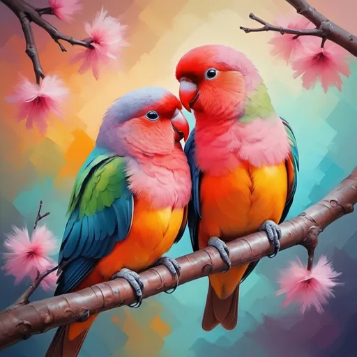 Prompt: Lovebirds in stunning colors resting on a branch next to each other, in oil painting art style
