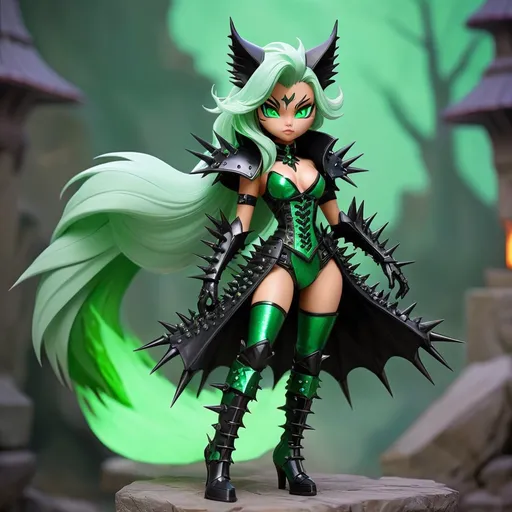 Prompt: Emerald Mistress Kitsune in Mesmer Obsidian armor vivid green and black with spikes and spiked boots, master of illusion, best quality, masterpiece
