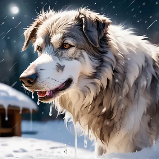 Prompt: Drift Dog is a wolfhound with fluffy gray-brown fur that blends into white underbelly fur and howls in the snowy nights dripping with ice, in dripping art style 
