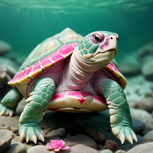 Prompt: Bitterling Turtle in sea green pink and white this creature is bitter at life, masterpiece, best quality, background river