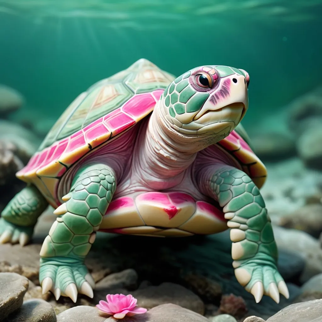 Prompt: Bitterling Turtle in sea green pink and white this creature is bitter at life, masterpiece, best quality, background river