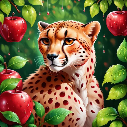 Prompt: A cheetah the color of bright red apple with dripping red jam and a shimmering look to the fur and green leaves