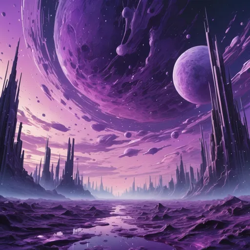 Prompt: This realm of Oblivion bathed in a purple sky Stars splattered like flecks of paint, in futurism art style