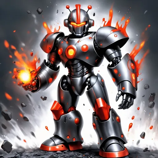 Prompt: Magnet Man who is a robot master, dark grey with orange-red armor a helm with a magnet on it and fires magnets that crush foes, Masterpiece, Best Quality, Nightmare Fuel, horror