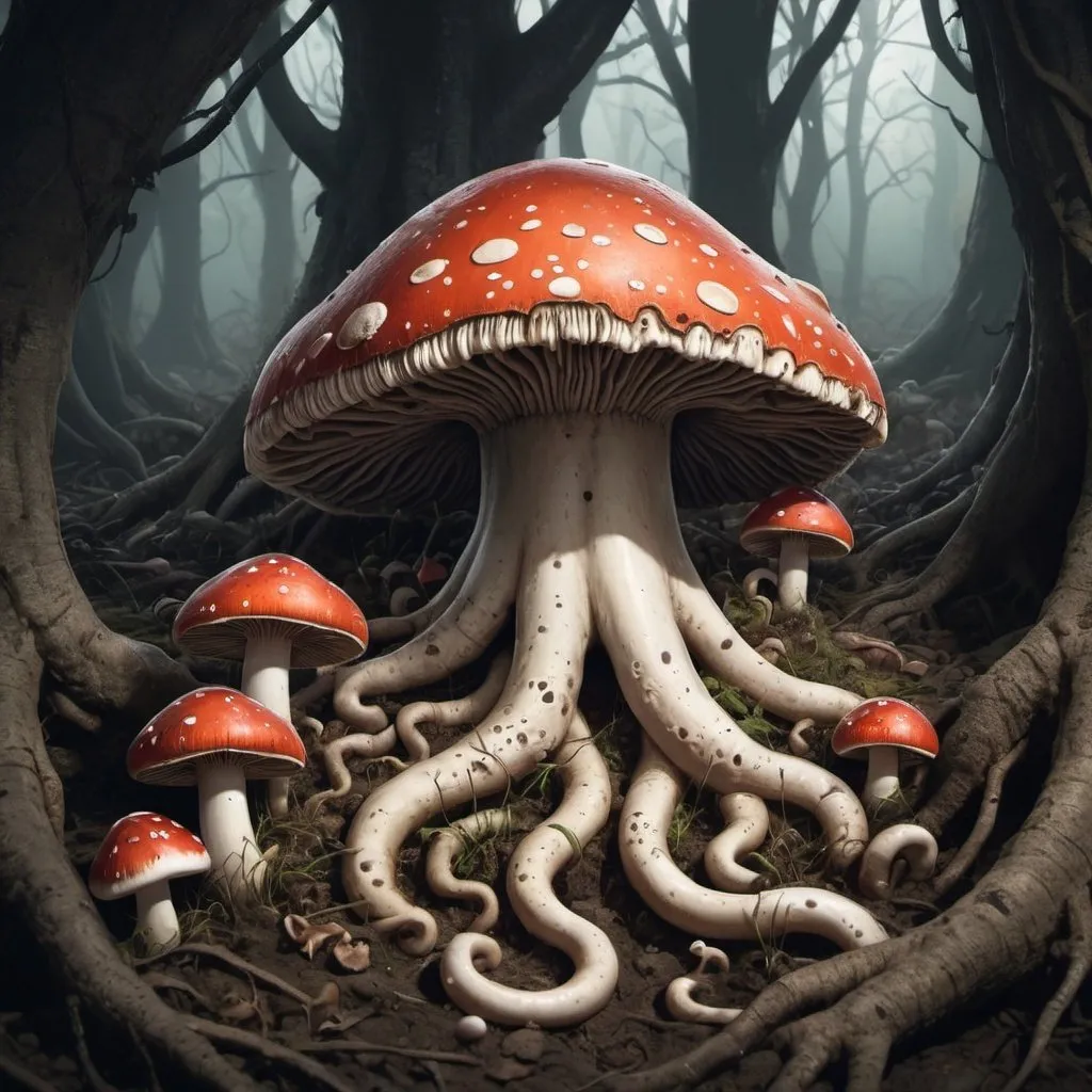 Prompt: Burrows under the ground to gnaw on tree roots. The mushrooms on its back absorb most of the nutrition in creepy pasta tentacle art style