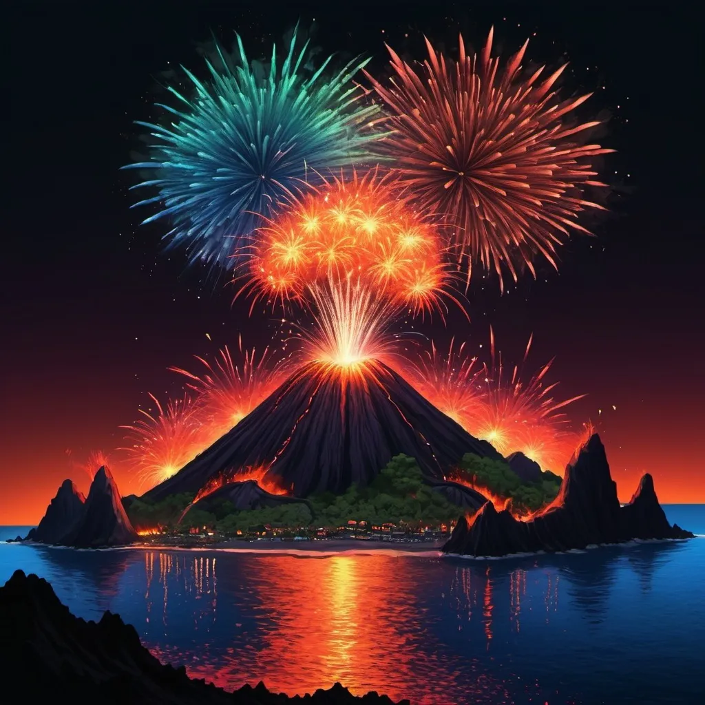 Prompt: Volcanic Island in fireworks art style