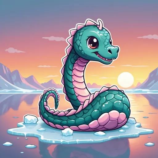 Prompt: Tiny little kawaii sea serpent sitting on a patch of ice as the sunsets its tail hitting the ice, in card art style

