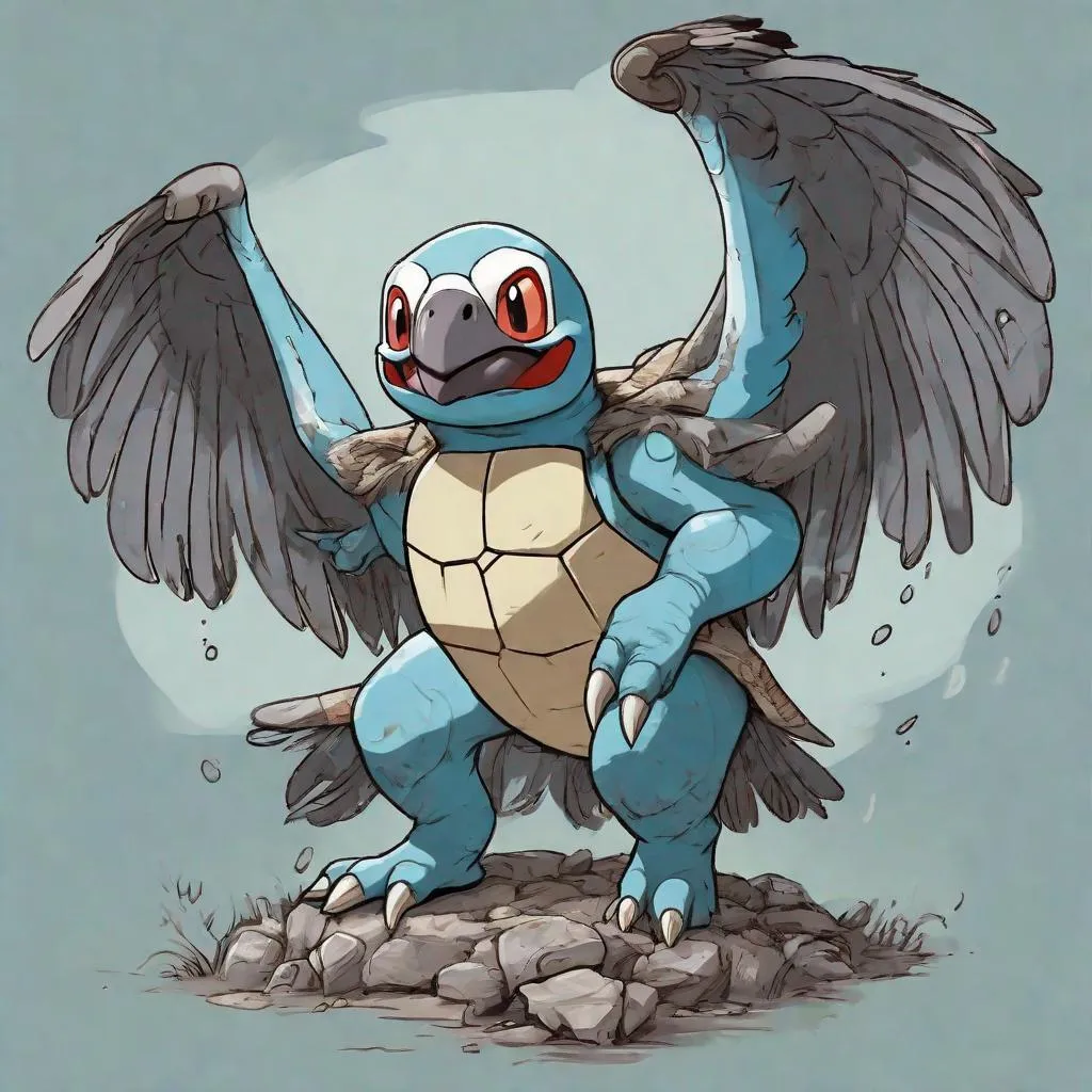 Prompt: Vulture Squirtle, Type is Flying water, vulture wings, best quality, masterpiece, in an elephant graveyard, in cartoon art style