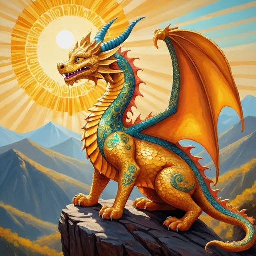 Prompt: Descending from the sky was a great Dragon, golden as the sun and radiant in its rays! The Dragon King of Cats has finally returned to the mountain in alebrije painting art style