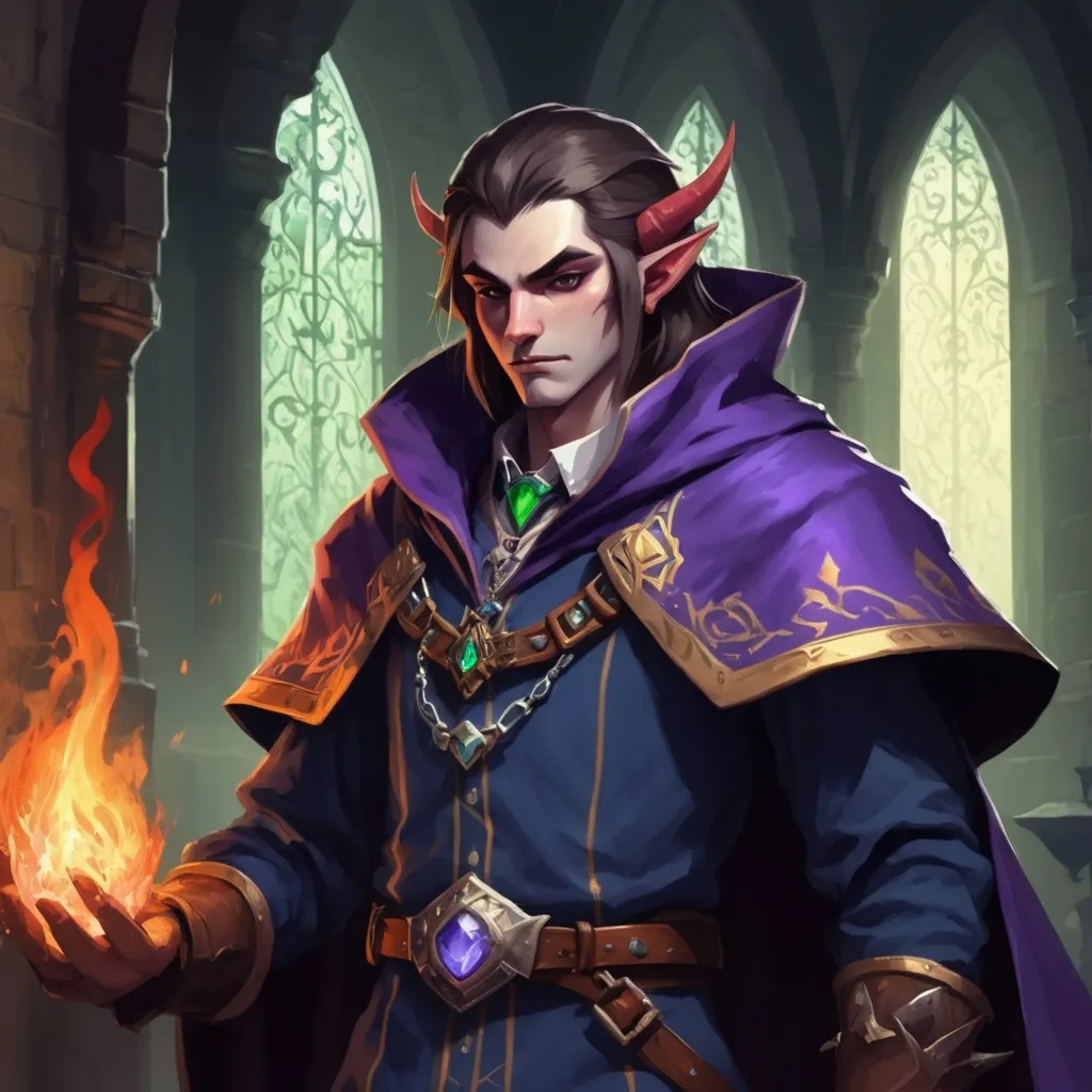 Prompt: Kinlord Rilis at the mages guild looking all good but secretly evil and in league with demons, in zelda art style