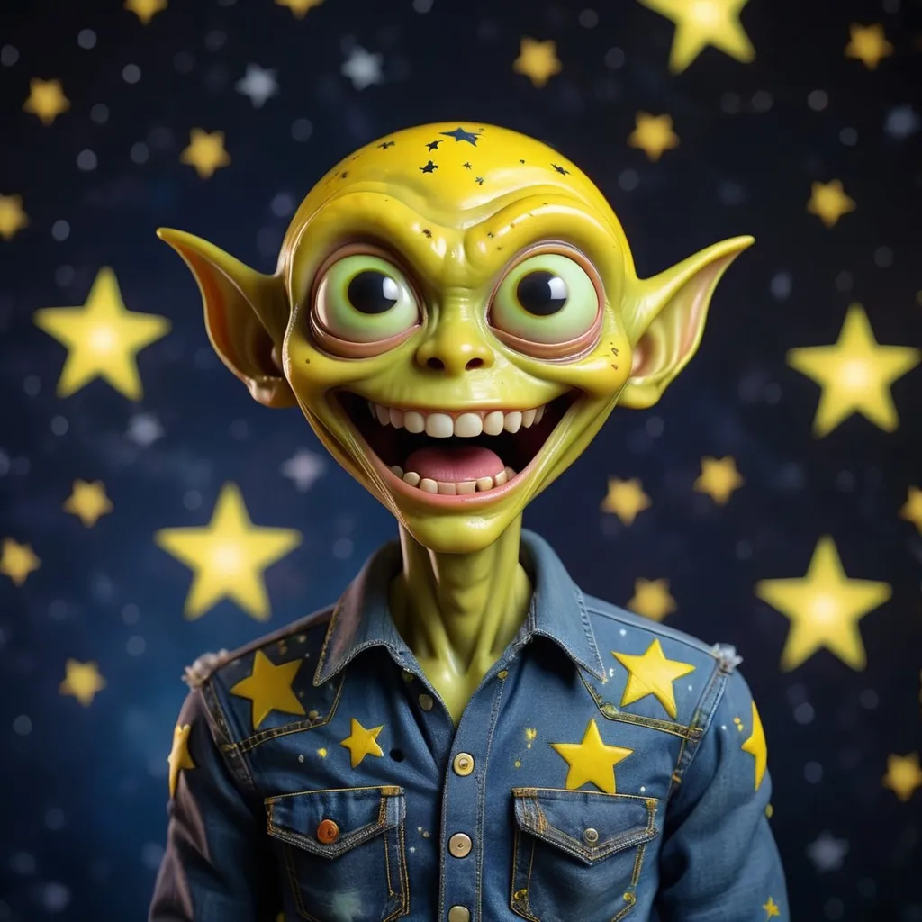 Prompt: Alien with bright yellow skin and a freaky happy face dressed in a shirt covered in stars and jeans with stars and standing on a star, background space and stars, masterpiece, best quality