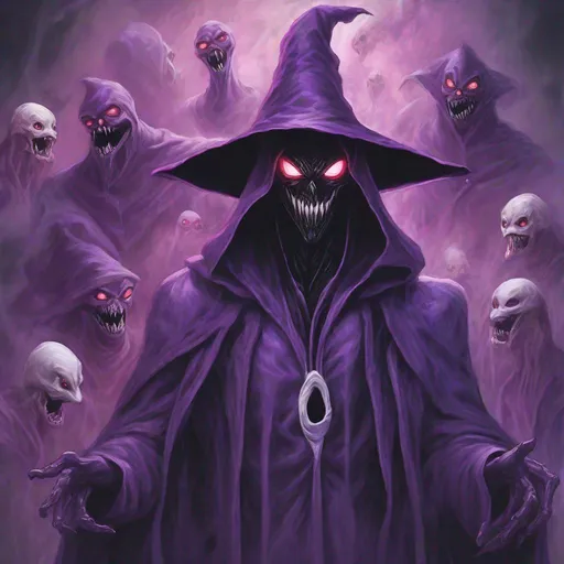 Prompt: symbiote dressed in a purple wizards robe and hat, red eyes, surrounded by ghosts, nightmare fuel, Masterpiece, Best Quality, in pastel drawing art style