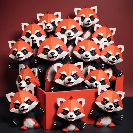 Prompt: Box of Puppets in monster red panda art style