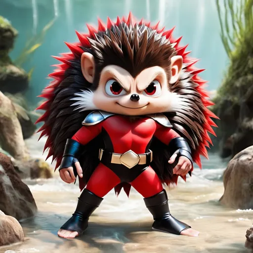 Prompt: Aqualad the Hedgehog has brown fur with white spikes and dressed in red and black  costume
