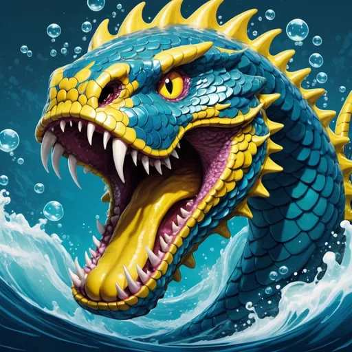 Prompt: Sea Serpent in a rage blue and yellow scales shimmering with power as its enormous jaws spit out blasts of bubblebeam power, in card art style
