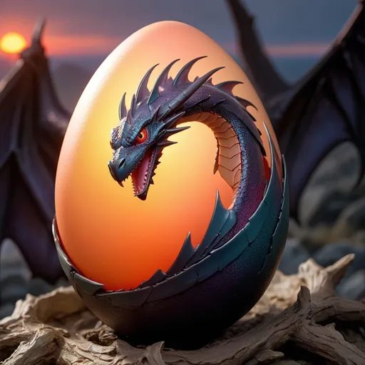Prompt: Wyvern Egg that hatches at sunrise, the dark giving way to the light and brillent sunrise colors, best quality, masterpiece