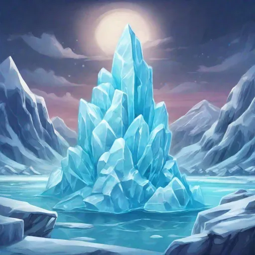 Prompt: Glacier Ghost, A core of ice and a heart of stone, ice surge and chilling energy, masterpiece, best quality, background arctic  at night, in cartoon art style
