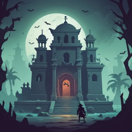 Prompt: Bahraha's Gloom is a tomb that is overrun by the undead pirates and ghostly armors, in Flat Design art style