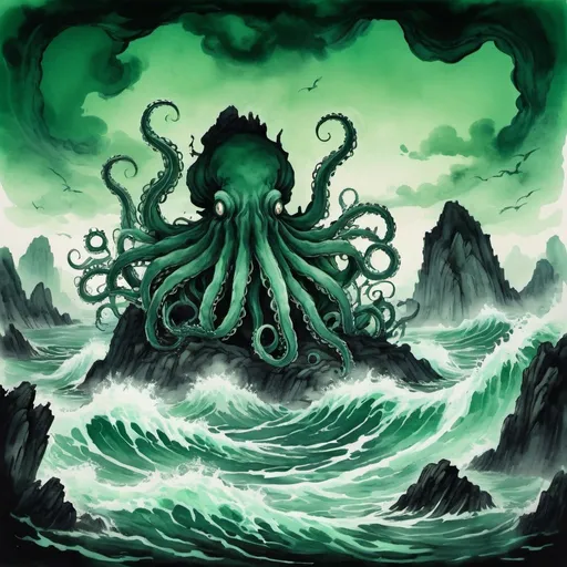 Prompt: a scene looking out at the dark waters of the Apocryphal sea filled with inky depths snapping tentacles under a eerie green sky in Chinese Style Ink Painting Art style