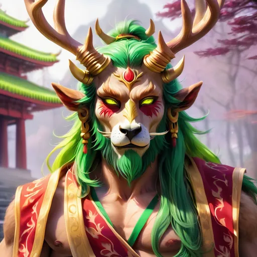 Prompt: Deer with green and violet fur with a fuzzy brown fur mane and yellow horn-antlers with a red and light-tan oni-mask, background temple