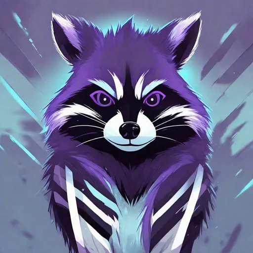 Prompt: Raccoon, deep purple fur with black stripes, ice blue mane fluffy, violet face and hands, fierce and powerful, masterpiece, best quality, in anime art style