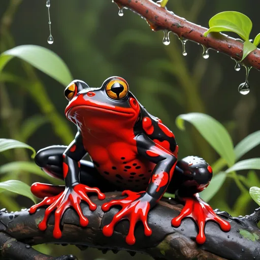 Prompt: red and black frog covered in splotchy markings, sitting on a branch dripping with venom, Masterpiece, Best Quality