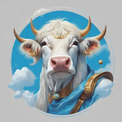 Prompt: Cow, vivid sky-blue fur with a white mane of hair, a blue ring around them, a staff with a floating saturn on top, masterpiece, best quality