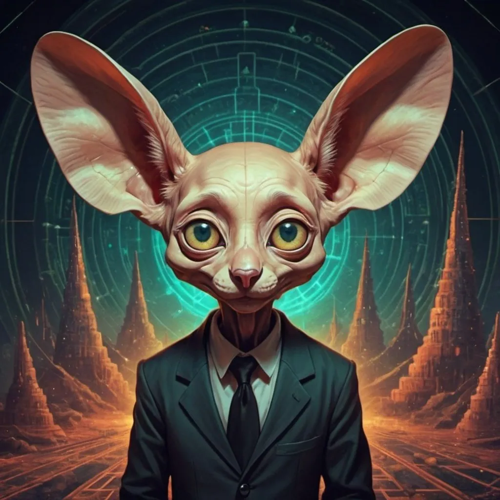 Prompt: 	Its large ears are always kept upright. If it senses danger, it will attack with a poisonous sting in dystopian DMT art style